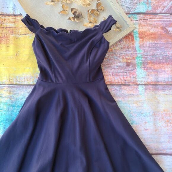 Modcloth Navy Forever Fave Scalloped Off the Shoulder A-line Midi Dress Small - Picture 8 of 12